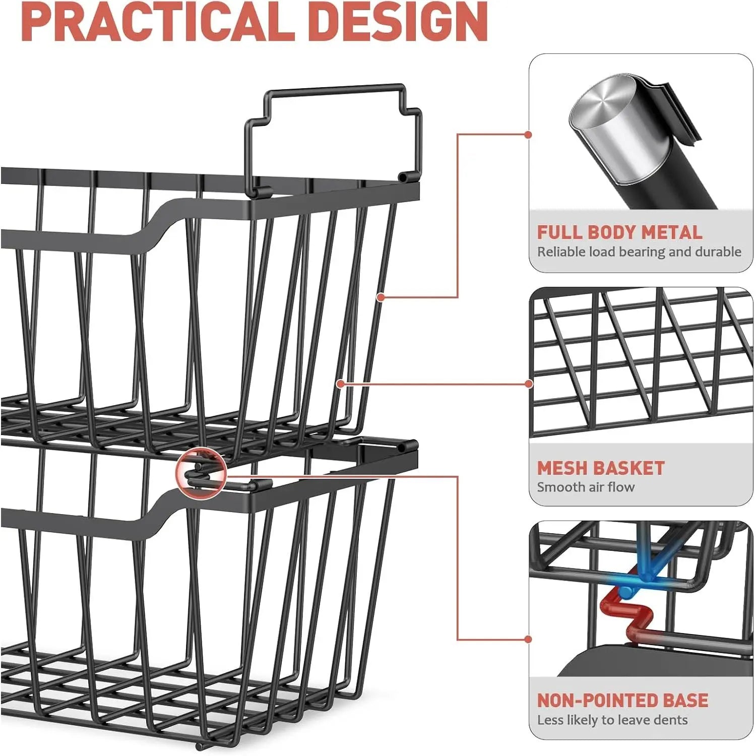 VANCASTLE Stackable Freezer Organizer Bins with Foldable Handles, Coated Metal Storage Solutions for 3.5-7 Cu.Ft Deep Chest Freezers, Optimizing Space Utilization