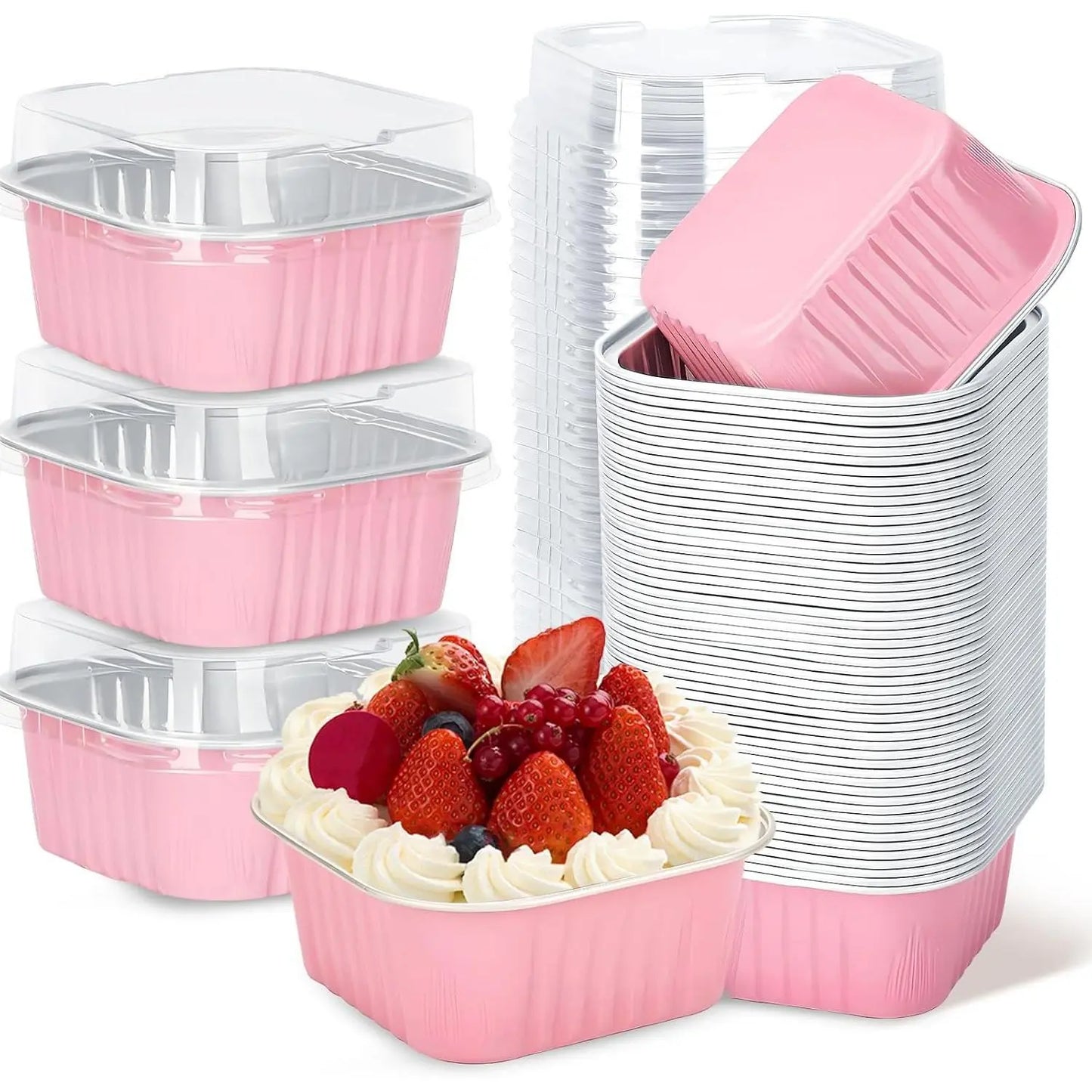30Pack 5Oz Pink Mini Cake Pans with Lids Baking Cups Aluminum Foil Pans Tins Individual Dessert Cups Containers for Sales Party Picnics