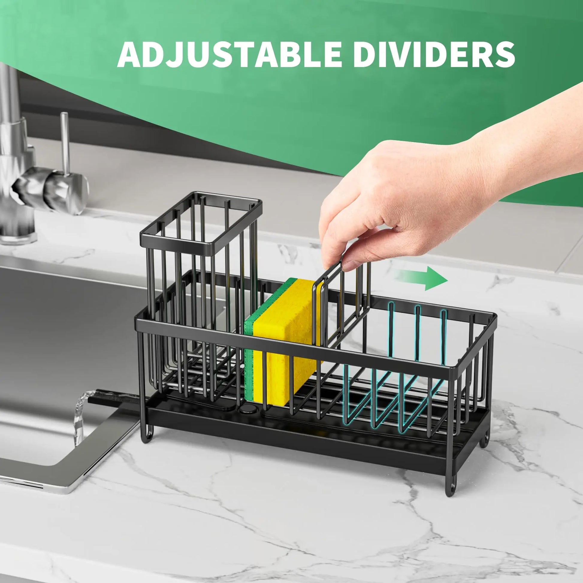 Sponge Holder for Kitchen Sink, Sink Caddy with High Brush Holder, Kitchen Sink Organizer Countertop ,304 Stainless Steel