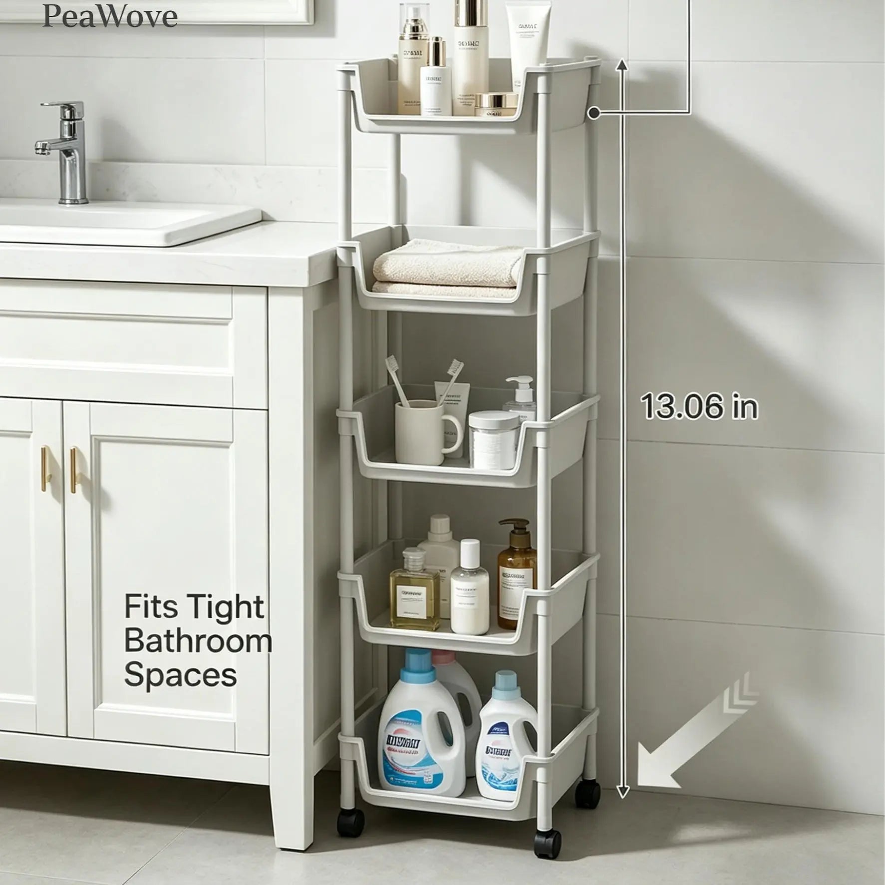Peawove Multifunctional Multi-Layer Plastic Storage Cartwith Wheels, Layered Shelf Organizer for Bedroomkitchen Bathroom Living Room, Adjustablestanding Shelf Suction Cup Sponge Holder for Kitchen Sink Semiannual Sale 2026 Easy Install Kit Glove Clip Cas