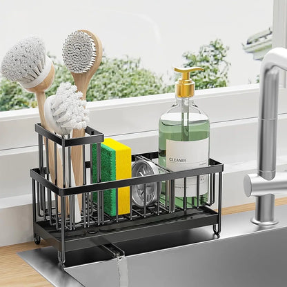 Cisily Silver Sponge Holder for Kitchen Sink, Sink Caddy Organizer with High Brush Holder, Kitchen Countertop Organizers and Storage Essentials, Rustproof 304 Stainless Steel, Soap Dispenser Organize Dasaka
