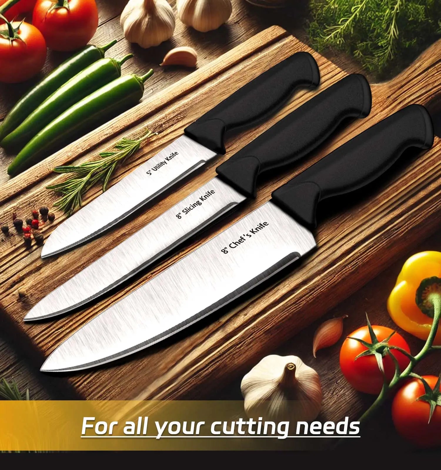 HENKELIVING 6-Piece Professional Kitchen Knife Set with Durable Block, Rust-Resistant Blades, and Ergonomic Handles in Black