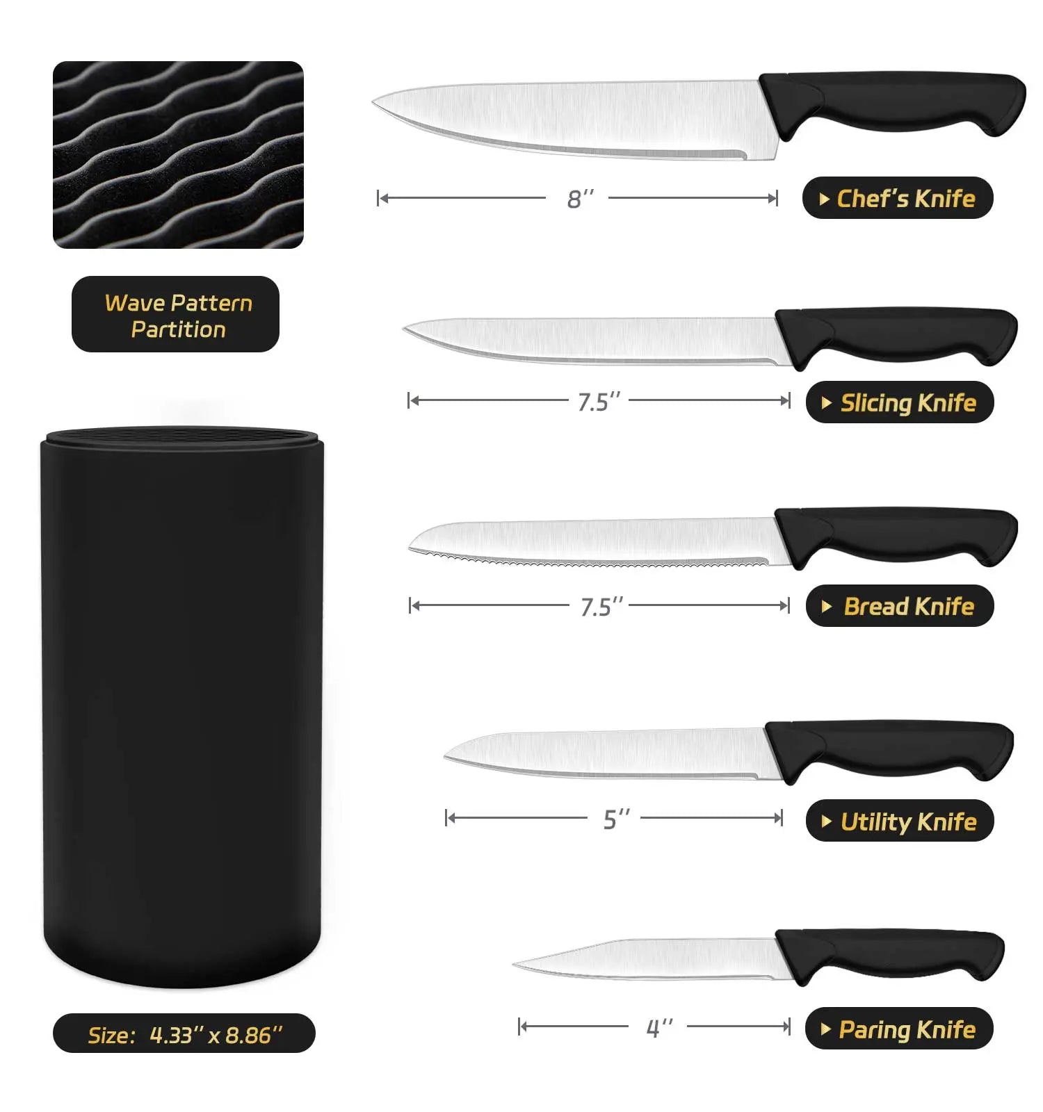 HENKELIVING 6-Piece Professional Kitchen Knife Set with Durable Block, Rust-Resistant Blades, and Ergonomic Handles in Black