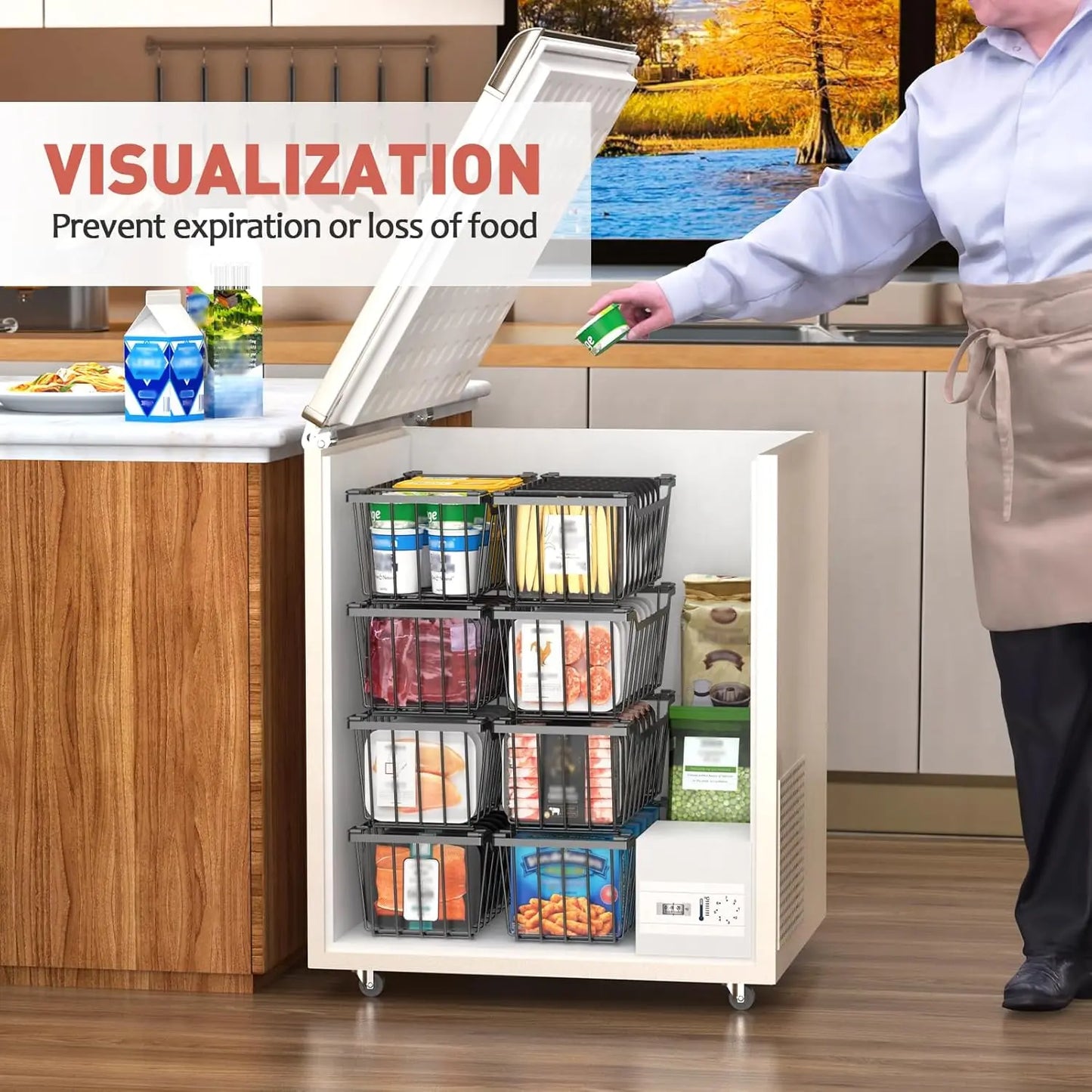 VANCASTLE Stackable Freezer Organizer Bins with Foldable Handles, Coated Metal Storage Solutions for 3.5-7 Cu.Ft Deep Chest Freezers, Optimizing Space Utilization