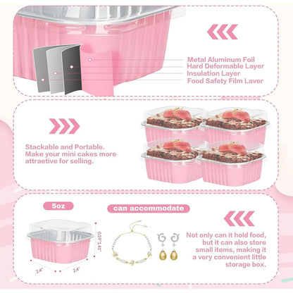 30Pack 5Oz Pink Mini Cake Pans with Lids Baking Cups Aluminum Foil Pans Tins Individual Dessert Cups Containers for Sales Party Picnics