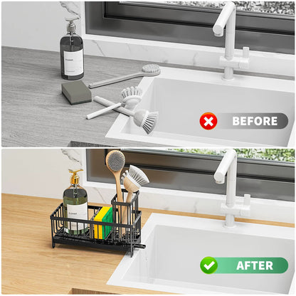 Sponge Holder for Kitchen Sink, Sink Caddy with High Brush Holder, Kitchen Sink Organizer Countertop ,304 Stainless Steel