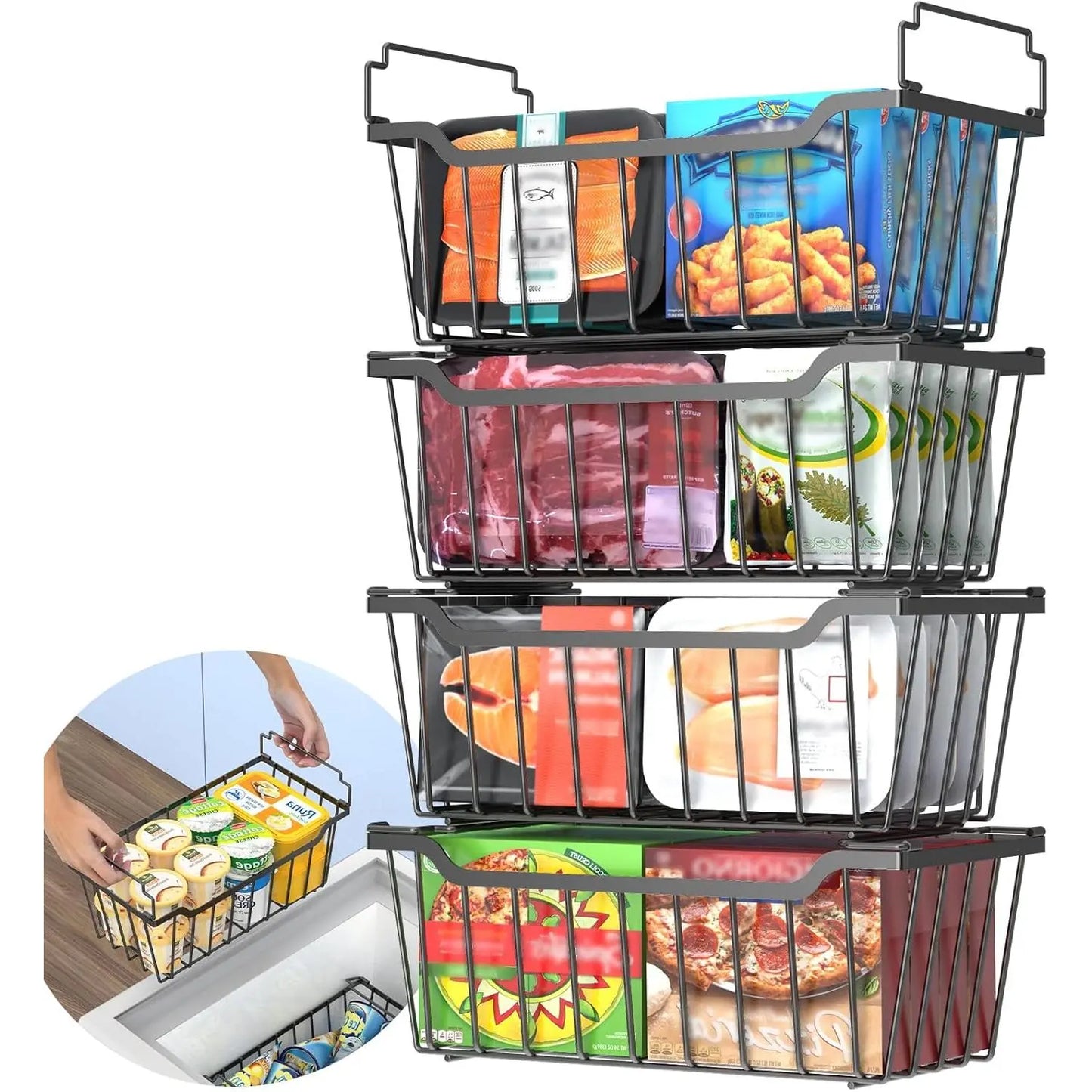 VANCASTLE Stackable Freezer Organizer Bins with Foldable Handles, Coated Metal Storage Solutions for 3.5-7 Cu.Ft Deep Chest Freezers, Optimizing Space Utilization