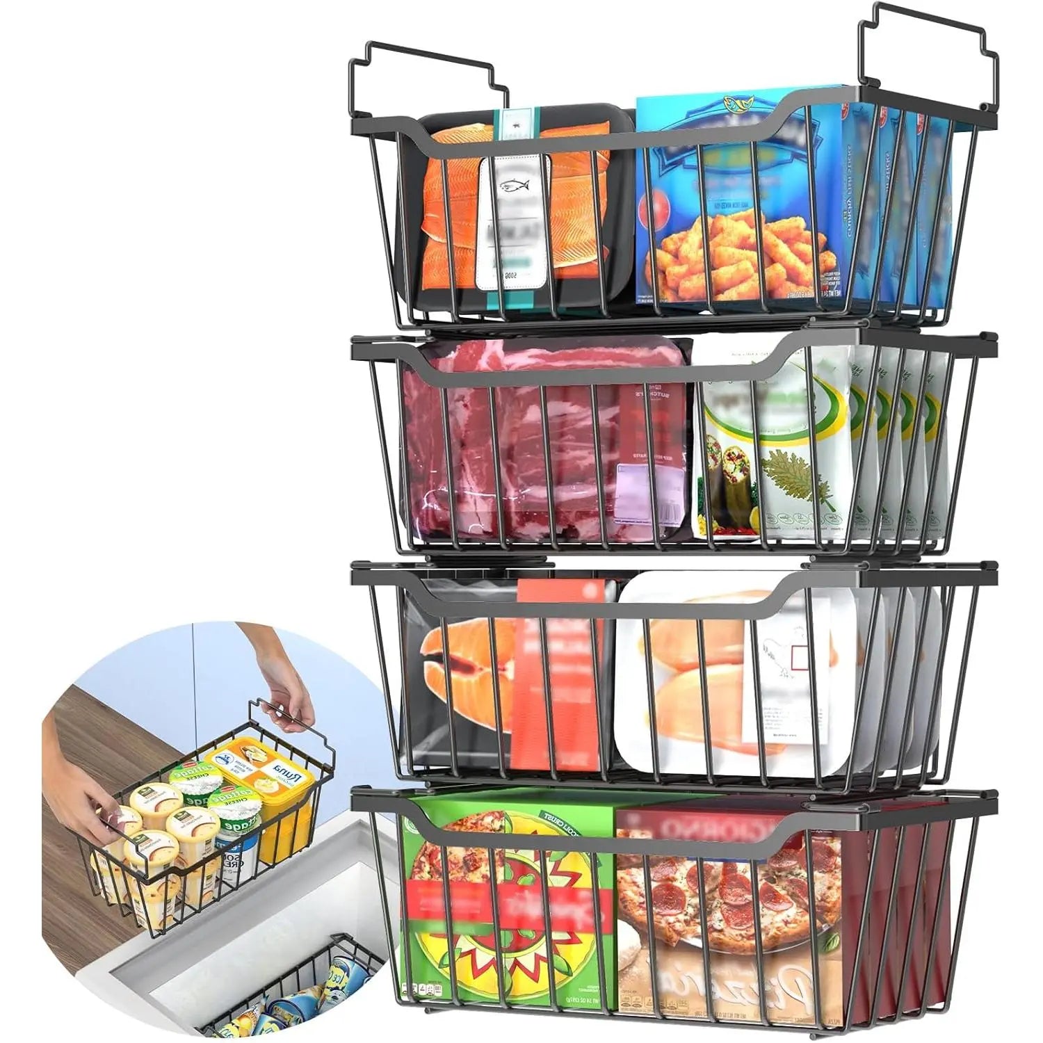 VANCASTLE Stackable Freezer Organizer Bins with Foldable Handles, Coated Metal Storage Solutions for 3.5-7 Cu.Ft Deep Chest Freezers, Optimizing Space Utilization