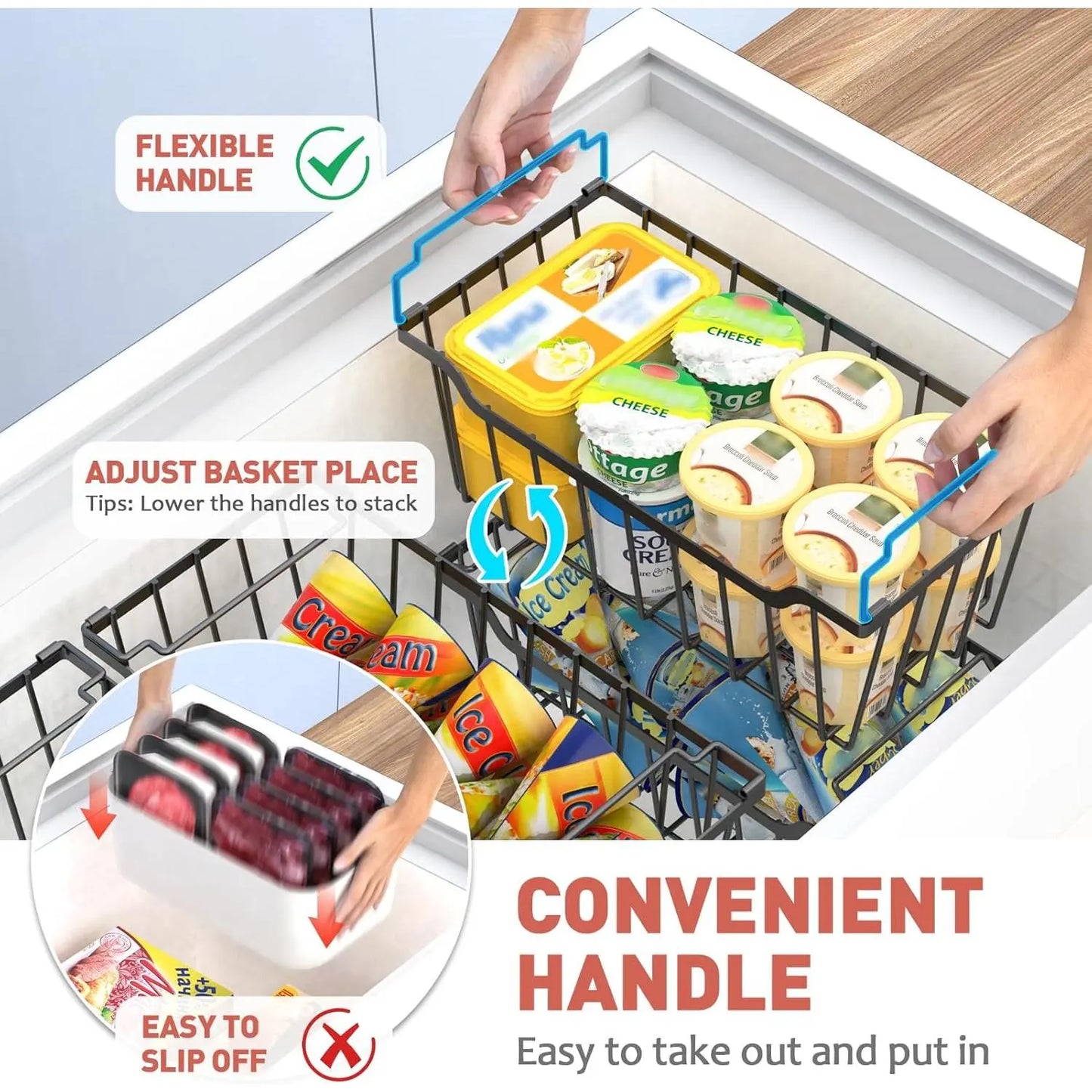 VANCASTLE Stackable Freezer Organizer Bins with Foldable Handles, Coated Metal Storage Solutions for 3.5-7 Cu.Ft Deep Chest Freezers, Optimizing Space Utilization