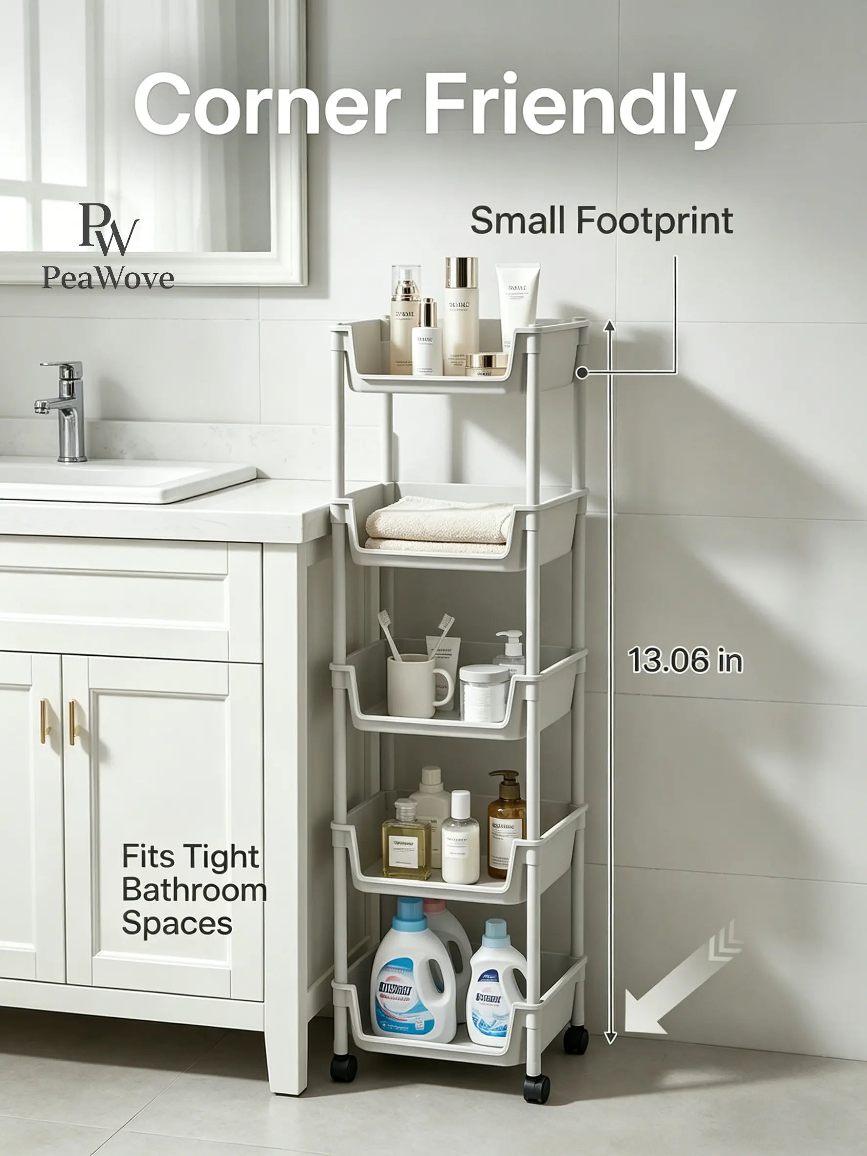 Peawove Multifunctional Multi-Layer Plastic Storage Cartwith Wheels, Layered Shelf Organizer for Bedroomkitchen Bathroom Living Room, Adjustablestanding Shelf Suction Cup Sponge Holder for Kitchen Sink Semiannual Sale 2026 Easy Install Kit Glove Clip Cas