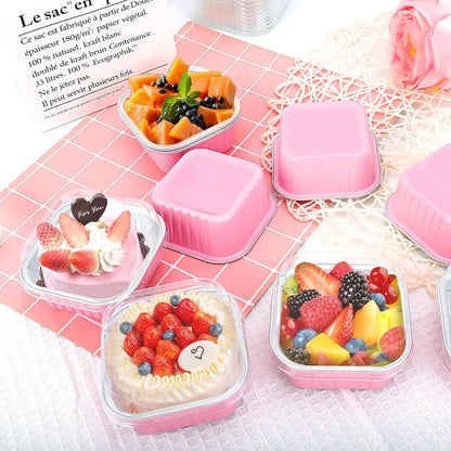 30Pack 5Oz Pink Mini Cake Pans with Lids Baking Cups Aluminum Foil Pans Tins Individual Dessert Cups Containers for Sales Party Picnics