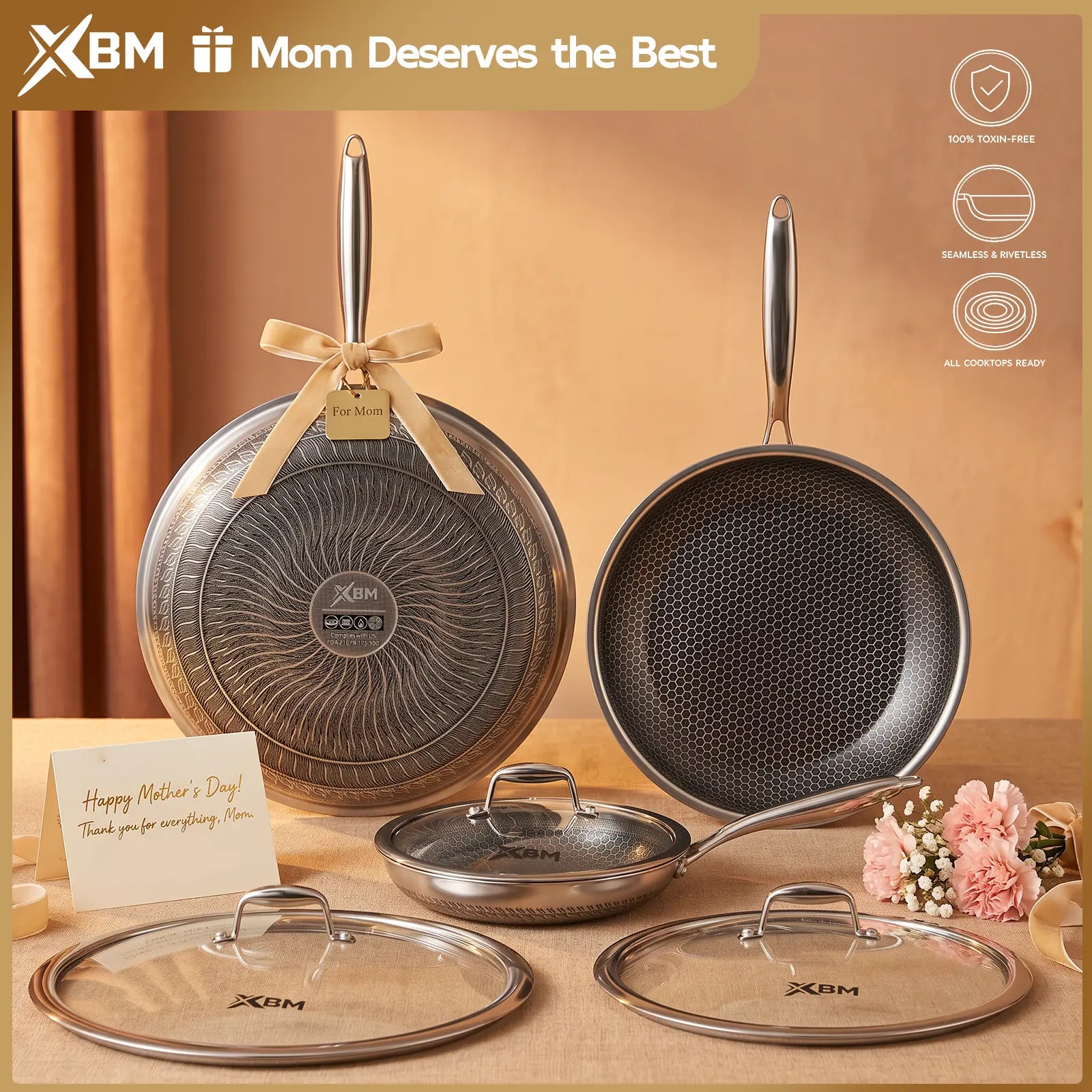 XBM Professional 3-Piece Hybrid Nonstick Cookware Set, Mother'S Day Gift,Rivetless Ceramic Honeycomb Skillets (8", 10", 12"), 100% PTFE/PFOA Free, Tri-Ply Stainless Steel, Induction & Oven Safe Lid Pans Wok