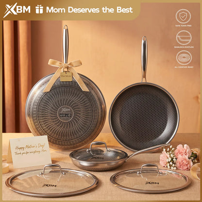 XBM Professional 3-Piece Hybrid Nonstick Cookware Set, Mother'S Day Gift,Rivetless Ceramic Honeycomb Skillets (8", 10", 12"), 100% PTFE/PFOA Free, Tri-Ply Stainless Steel, Induction & Oven Safe Lid Pans Wok