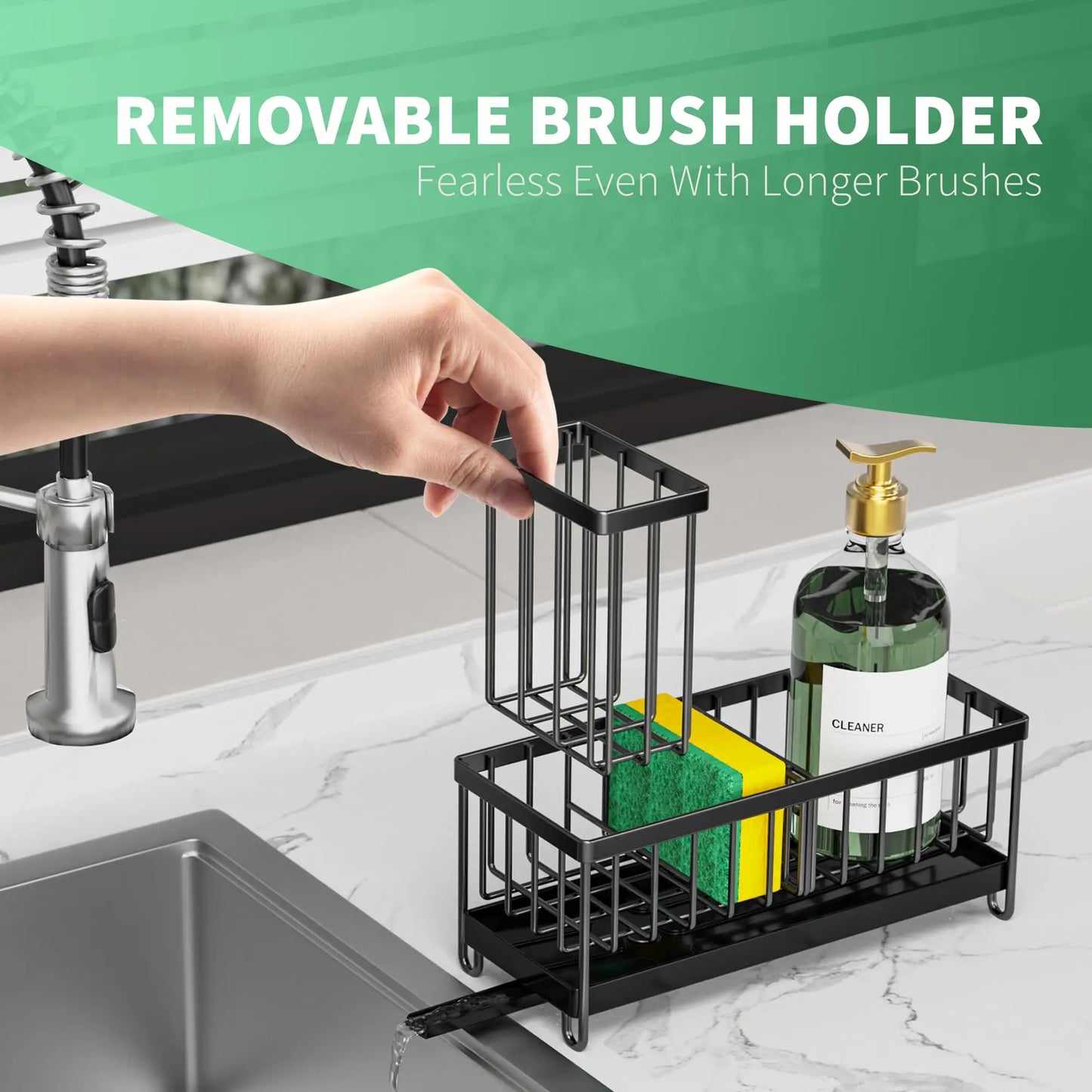 Sponge Holder for Kitchen Sink, Sink Caddy with High Brush Holder, Kitchen Sink Organizer Countertop ,304 Stainless Steel