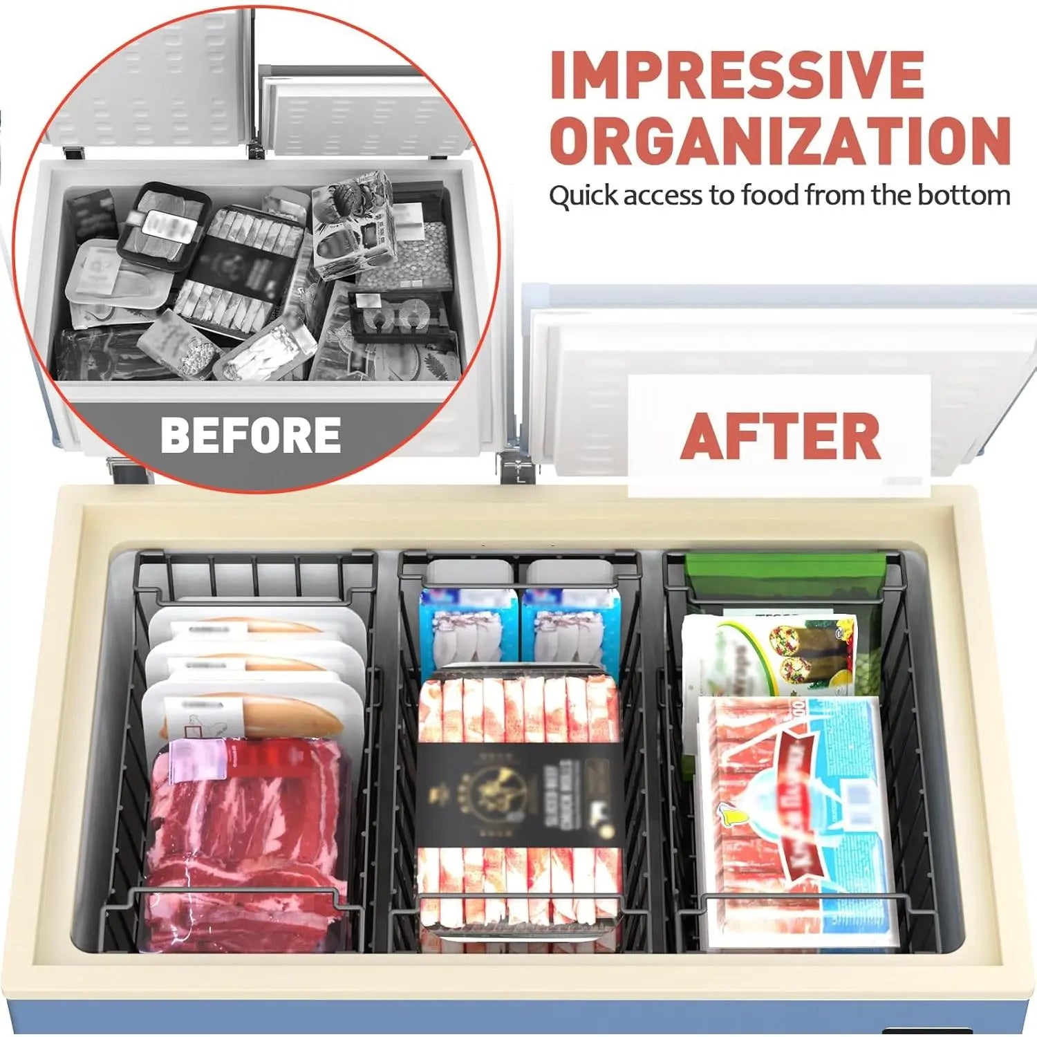 VANCASTLE Stackable Freezer Organizer Bins with Foldable Handles, Coated Metal Storage Solutions for 3.5-7 Cu.Ft Deep Chest Freezers, Optimizing Space Utilization