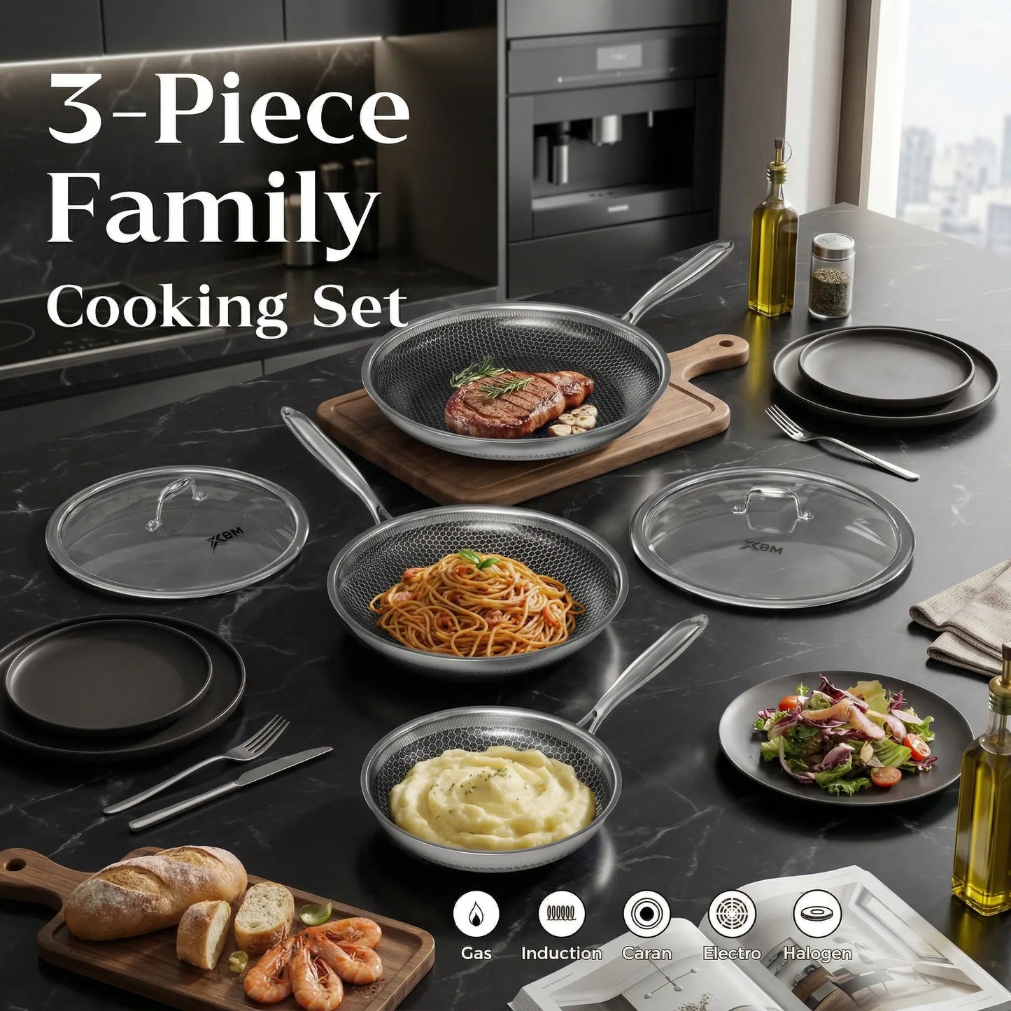 XBM Professional 3-Piece Hybrid Nonstick Cookware Set, Mother'S Day Gift,Rivetless Ceramic Honeycomb Skillets (8", 10", 12"), 100% PTFE/PFOA Free, Tri-Ply Stainless Steel, Induction & Oven Safe Lid Pans Wok