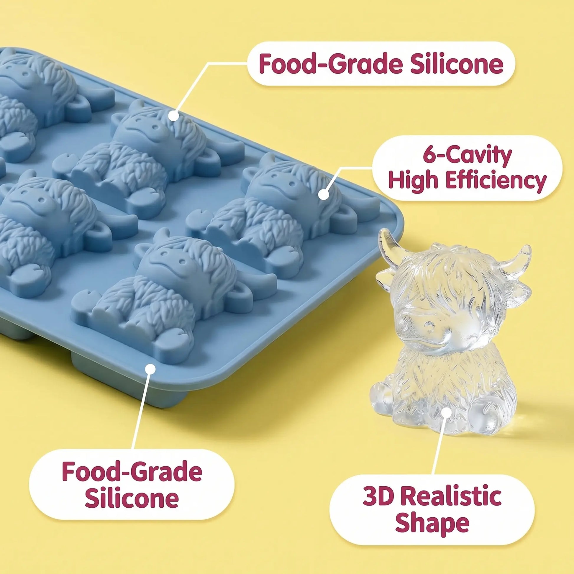 Mini Highland Cow Ice Cube Mold - 3D Cute Silicone Ice Cube Trays Perfect for Whiskey Cocktails Parties & Gift Giving