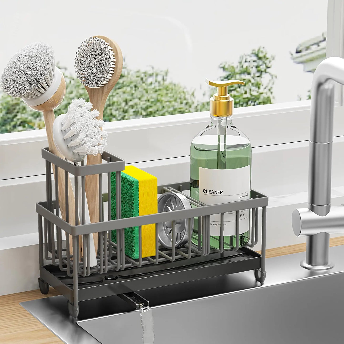 Sponge Holder for Kitchen Sink, Sink Caddy with High Brush Holder, Kitchen Sink Organizer Countertop ,304 Stainless Steel