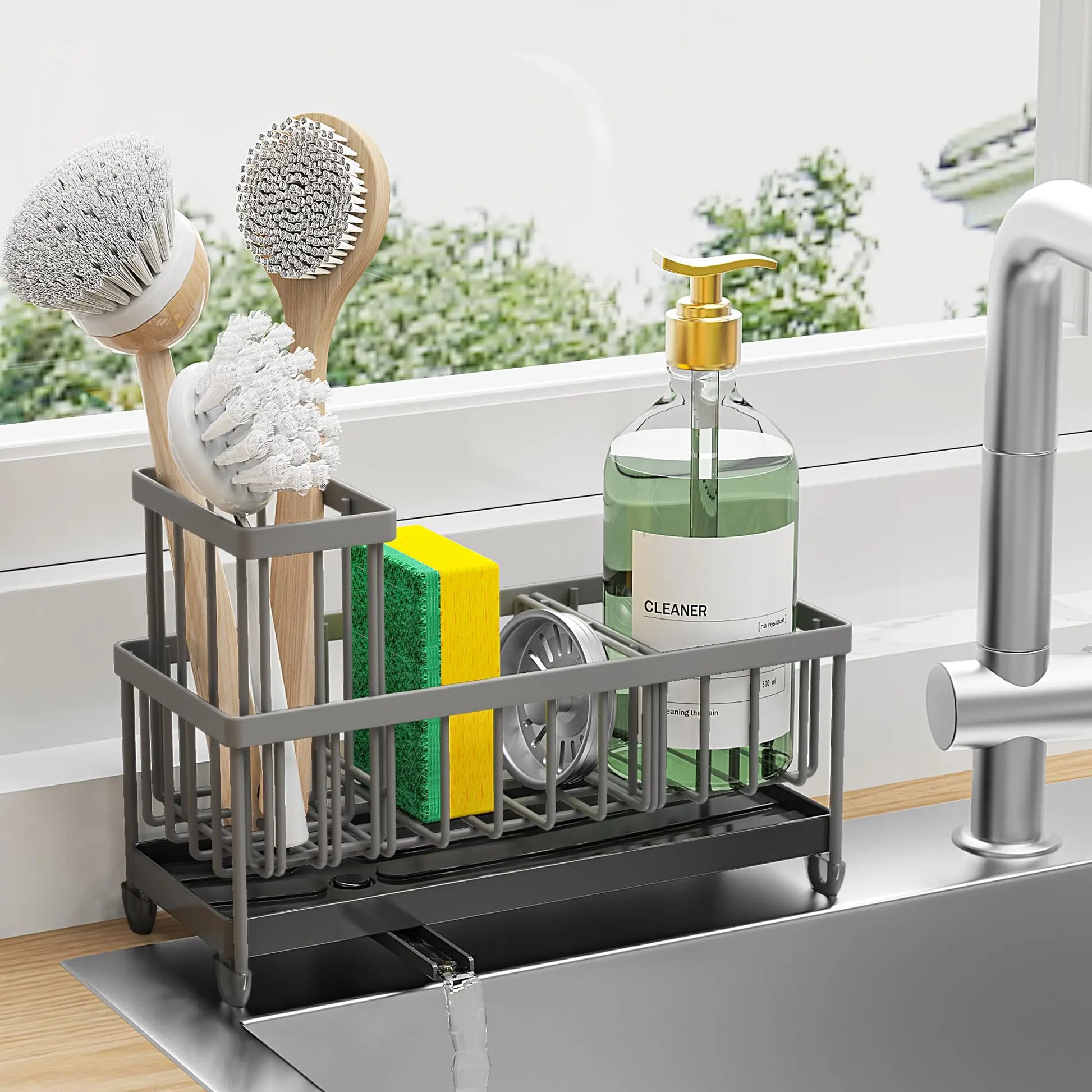 Sponge Holder for Kitchen Sink, Sink Caddy with High Brush Holder, Kitchen Sink Organizer Countertop ,304 Stainless Steel