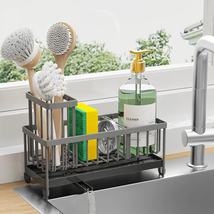 Sponge Holder for Kitchen Sink, Sink Caddy with High Brush Holder, Kitchen Sink Organizer Countertop ,304 Stainless Steel