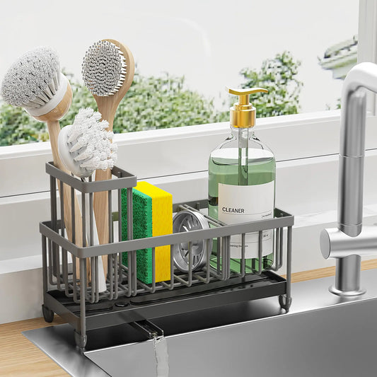 Sponge Holder for Kitchen Sink, Sink Caddy with High Brush Holder, Kitchen Sink Organizer Countertop ,304 Stainless Steel