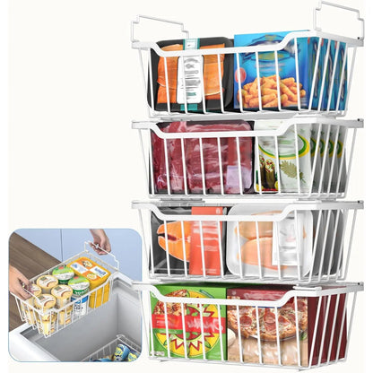 VANCASTLE Stackable Freezer Organizer Bins with Foldable Handles, Coated Metal Storage Solutions for 3.5-7 Cu.Ft Deep Chest Freezers, Optimizing Space Utilization