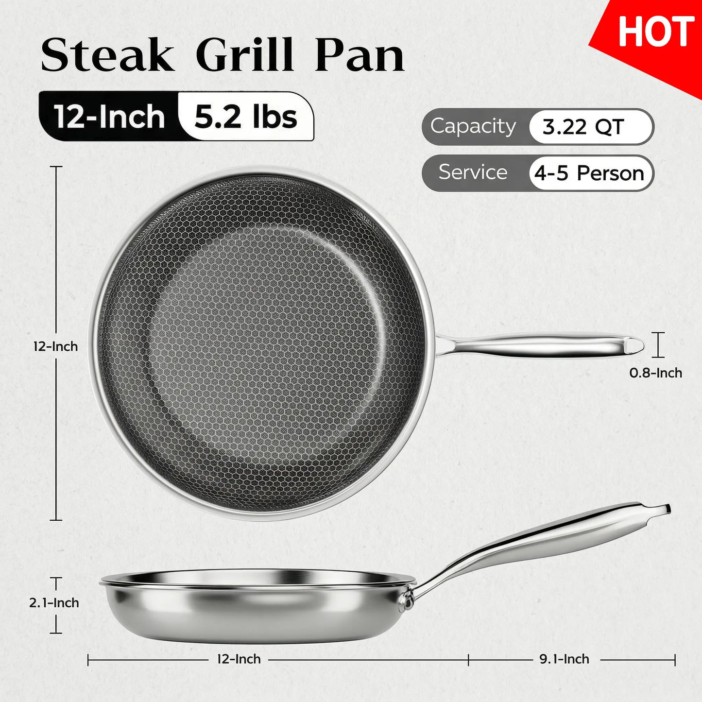 XBM Professional 3-Piece Hybrid Nonstick Cookware Set, Mother'S Day Gift,Rivetless Ceramic Honeycomb Skillets (8", 10", 12"), 100% PTFE/PFOA Free, Tri-Ply Stainless Steel, Induction & Oven Safe Lid Pans Wok