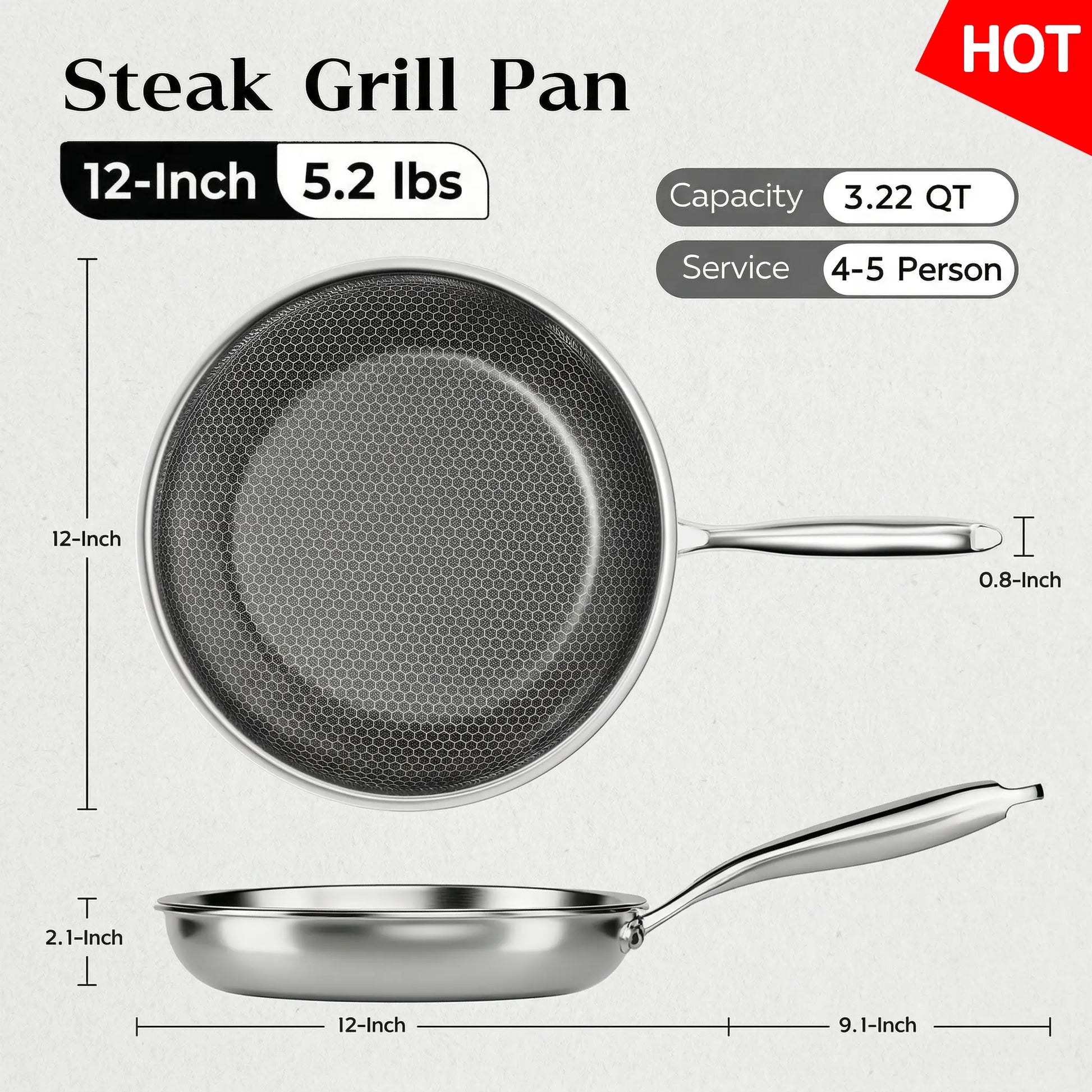 XBM Professional 3-Piece Hybrid Nonstick Cookware Set, Mother'S Day Gift,Rivetless Ceramic Honeycomb Skillets (8", 10", 12"), 100% PTFE/PFOA Free, Tri-Ply Stainless Steel, Induction & Oven Safe Lid Pans Wok