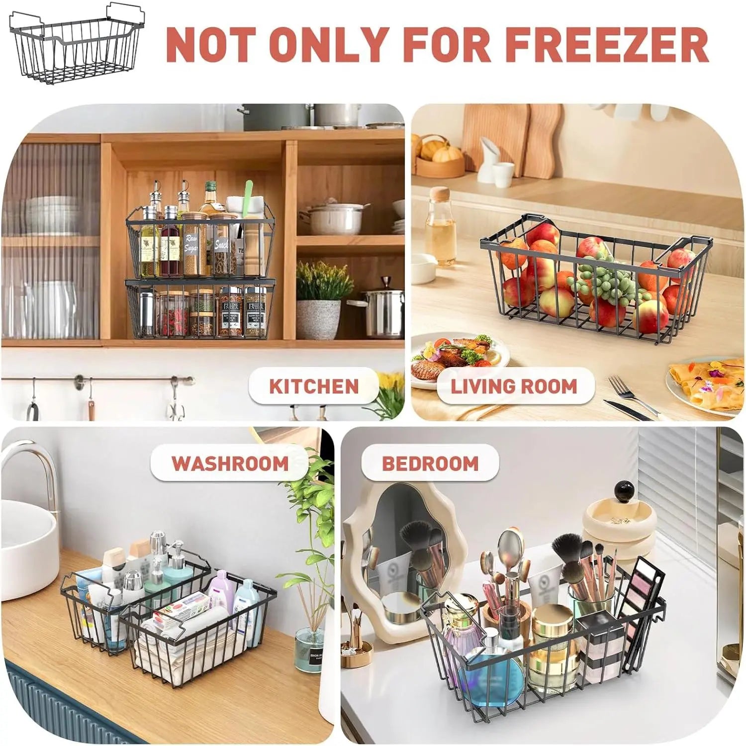 VANCASTLE Stackable Freezer Organizer Bins with Foldable Handles, Coated Metal Storage Solutions for 3.5-7 Cu.Ft Deep Chest Freezers, Optimizing Space Utilization