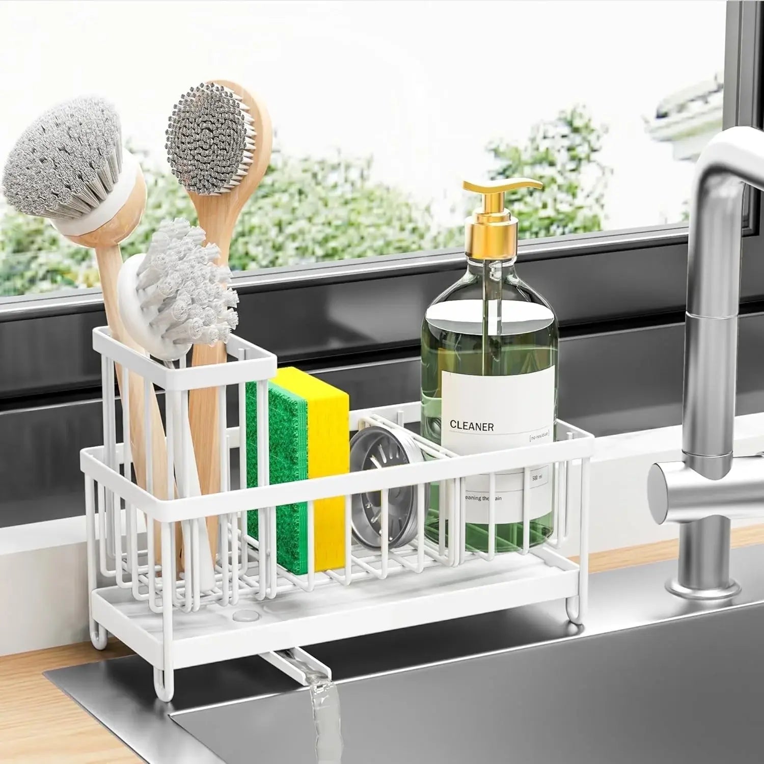 Cisily Silver Sponge Holder for Kitchen Sink, Sink Caddy Organizer with High Brush Holder, Kitchen Countertop Organizers and Storage Essentials, Rustproof 304 Stainless Steel, Soap Dispenser Organize Dasaka