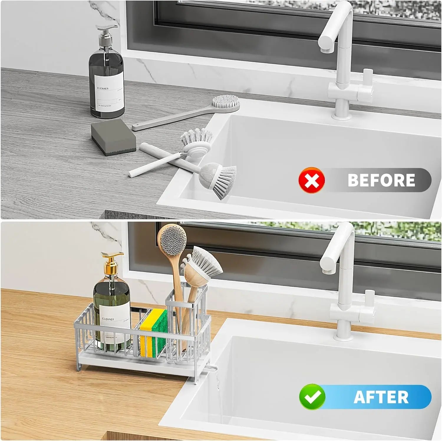 Cisily Silver Sponge Holder for Kitchen Sink, Sink Caddy Organizer with High Brush Holder, Kitchen Countertop Organizers and Storage Essentials, Rustproof 304 Stainless Steel, Soap Dispenser Organize Dasaka