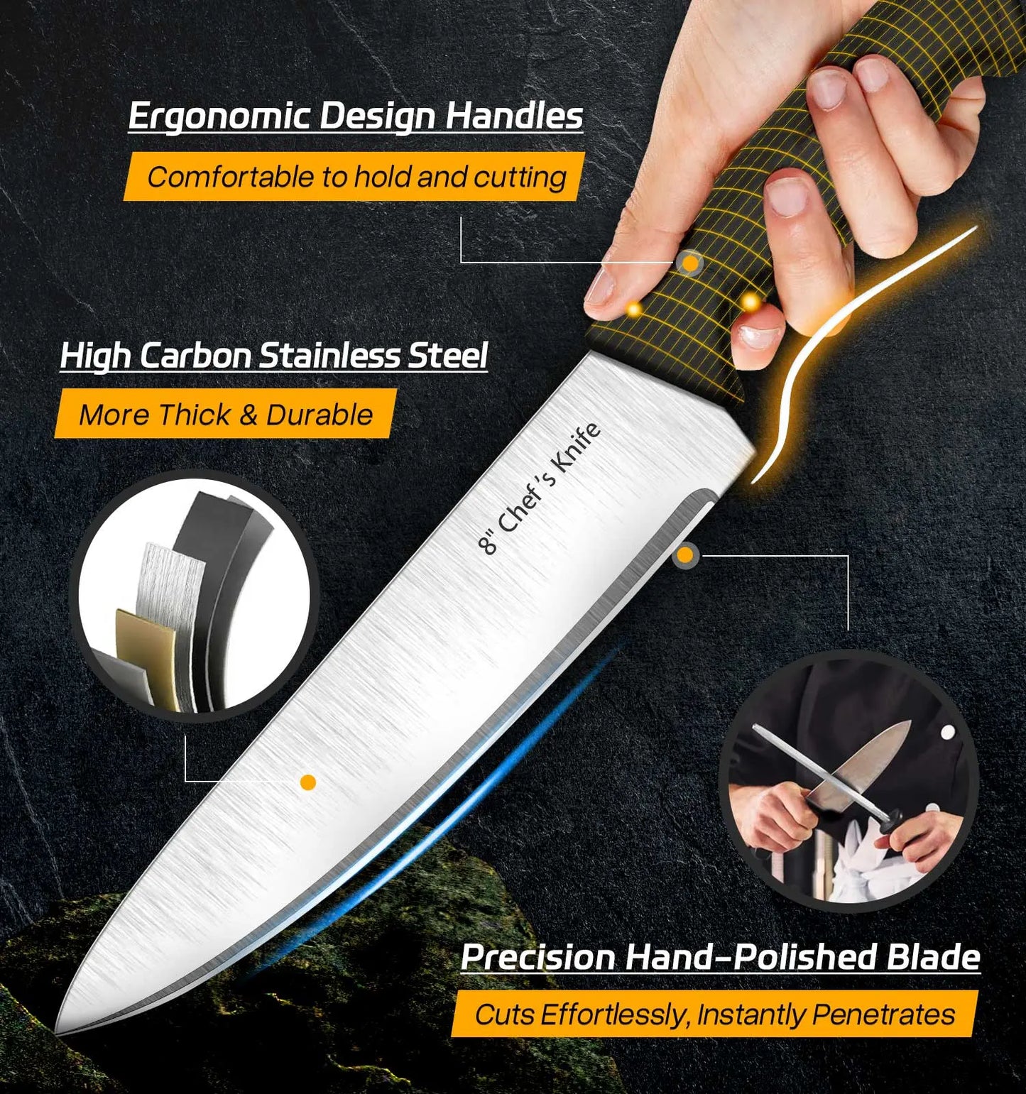 HENKELIVING 6-Piece Professional Kitchen Knife Set with Durable Block, Rust-Resistant Blades, and Ergonomic Handles in Black