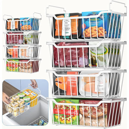 VANCASTLE Stackable Freezer Organizer Bins with Foldable Handles, Coated Metal Storage Solutions for 3.5-7 Cu.Ft Deep Chest Freezers, Optimizing Space Utilization