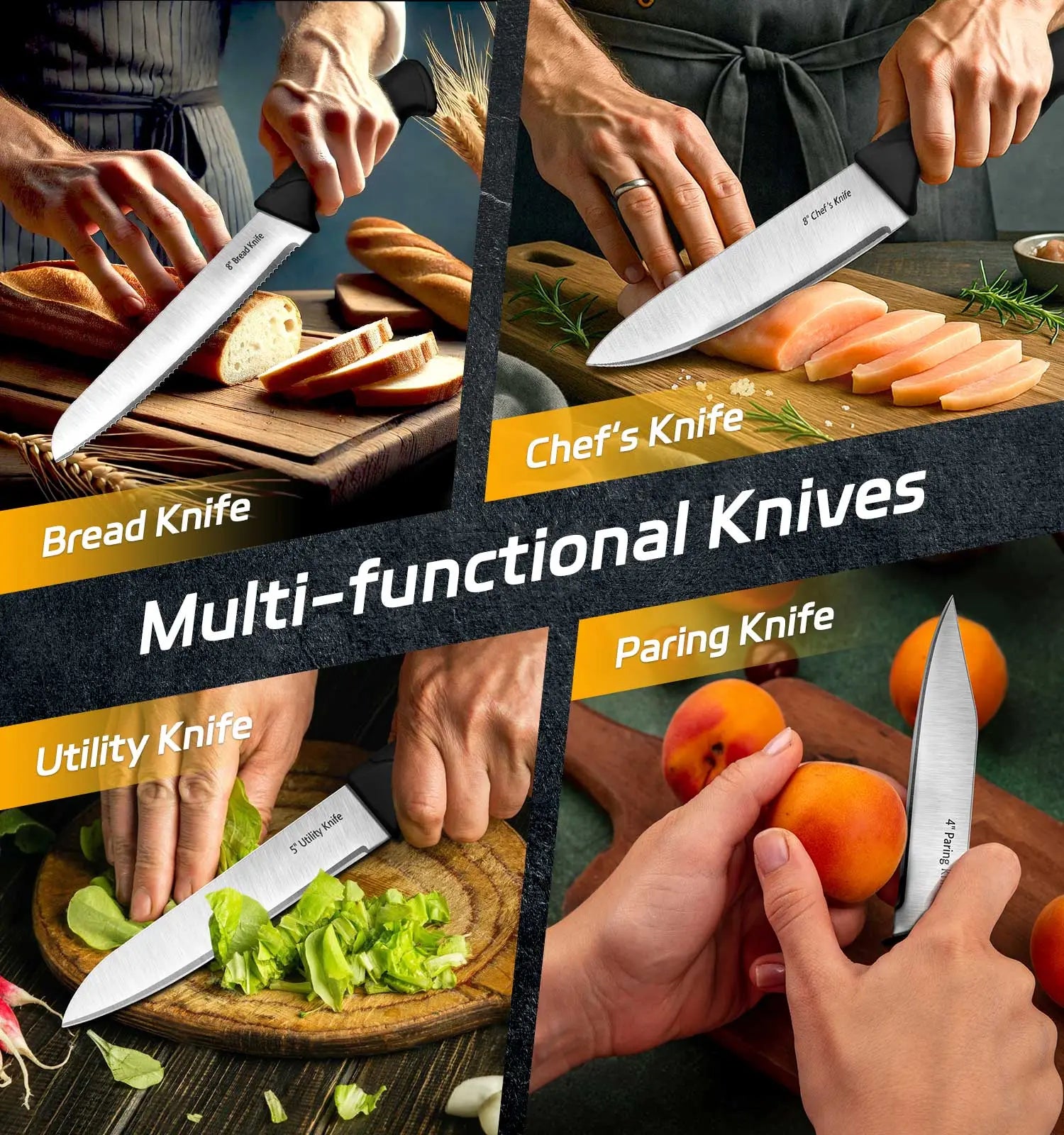 HENKELIVING 6-Piece Professional Kitchen Knife Set with Durable Block, Rust-Resistant Blades, and Ergonomic Handles in Black
