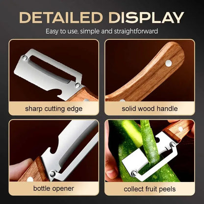 【Summervibes】Multi-Functional Vegetable Peeler for Kitchen, Ultra-Sharp Stainless Steel Blade with Wooden Handle and Bottle Opener, for Vegetables or Fruits That Need to Be Peeled (2 Pcs)