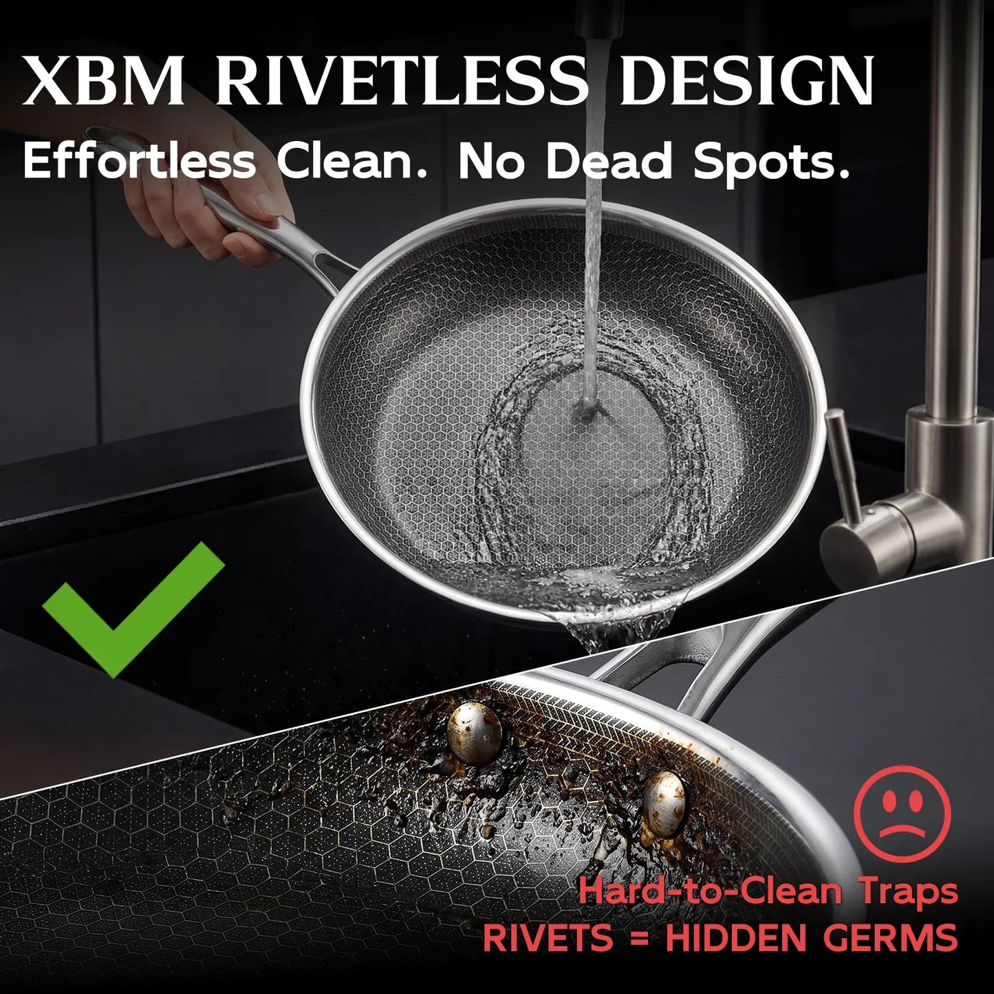 XBM Professional 3-Piece Hybrid Nonstick Cookware Set, Mother'S Day Gift,Rivetless Ceramic Honeycomb Skillets (8", 10", 12"), 100% PTFE/PFOA Free, Tri-Ply Stainless Steel, Induction & Oven Safe Lid Pans Wok