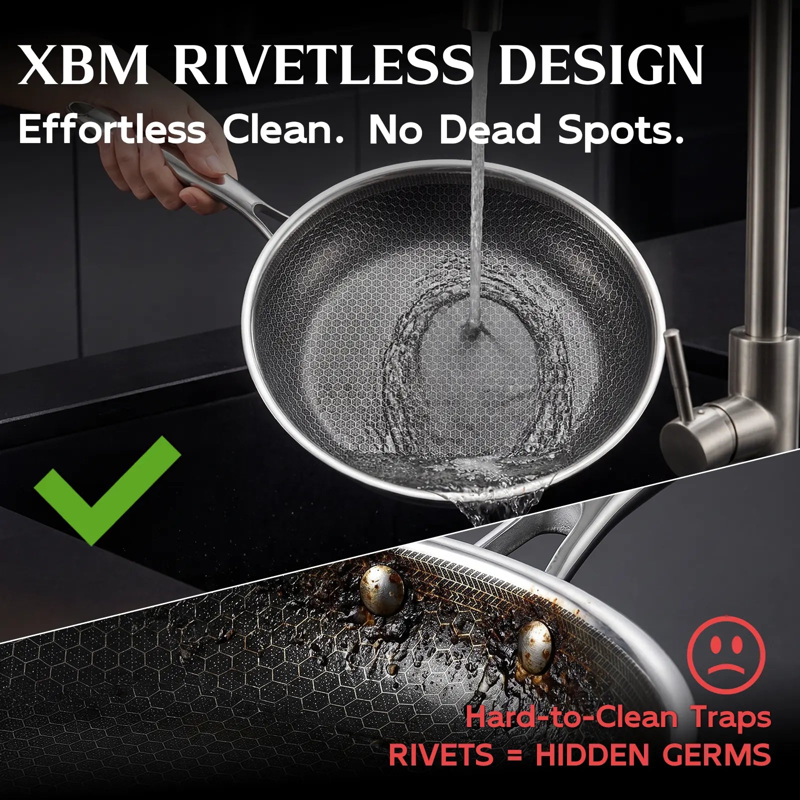XBM Professional 3-Piece Hybrid Nonstick Cookware Set, Mother'S Day Gift,Rivetless Ceramic Honeycomb Skillets (8", 10", 12"), 100% PTFE/PFOA Free, Tri-Ply Stainless Steel, Induction & Oven Safe Lid Pans Wok