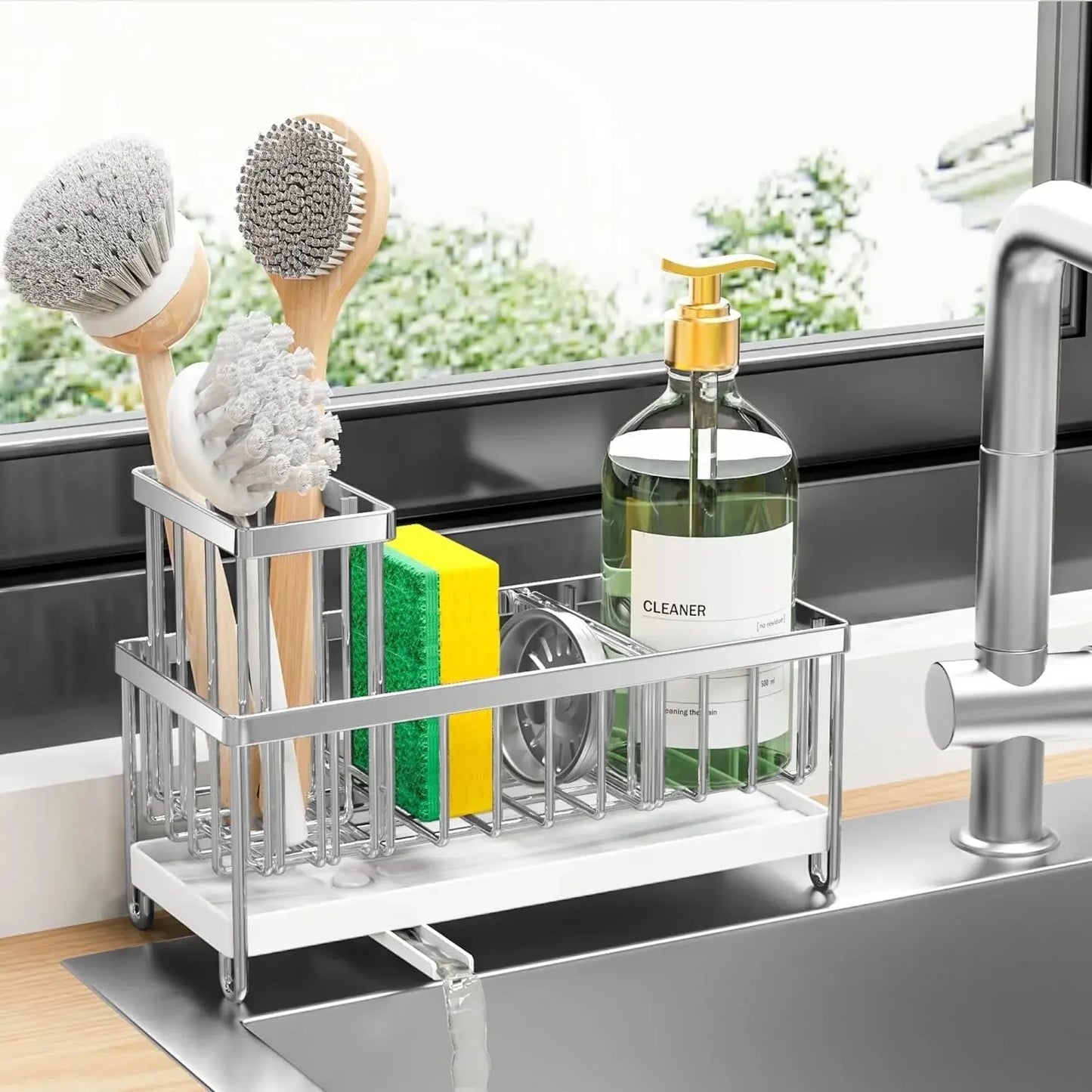 Cisily Silver Sponge Holder for Kitchen Sink, Sink Caddy Organizer with High Brush Holder, Kitchen Countertop Organizers and Storage Essentials, Rustproof 304 Stainless Steel, Soap Dispenser Organize Dasaka