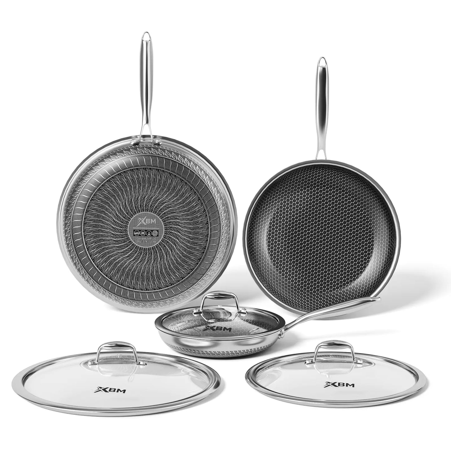 XBM Professional 3-Piece Hybrid Nonstick Cookware Set, Mother'S Day Gift,Rivetless Ceramic Honeycomb Skillets (8", 10", 12"), 100% PTFE/PFOA Free, Tri-Ply Stainless Steel, Induction & Oven Safe Lid Pans Wok