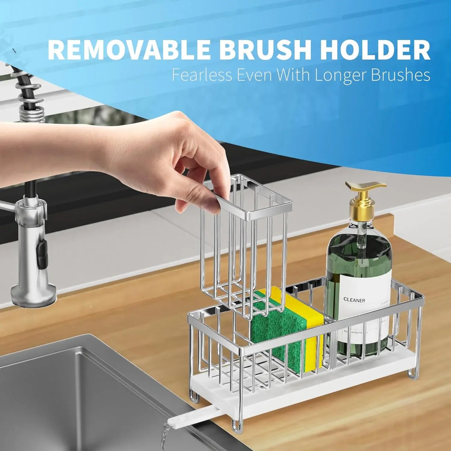 Cisily Silver Sponge Holder for Kitchen Sink, Sink Caddy Organizer with High Brush Holder, Kitchen Countertop Organizers and Storage Essentials, Rustproof 304 Stainless Steel, Soap Dispenser Organize Dasaka